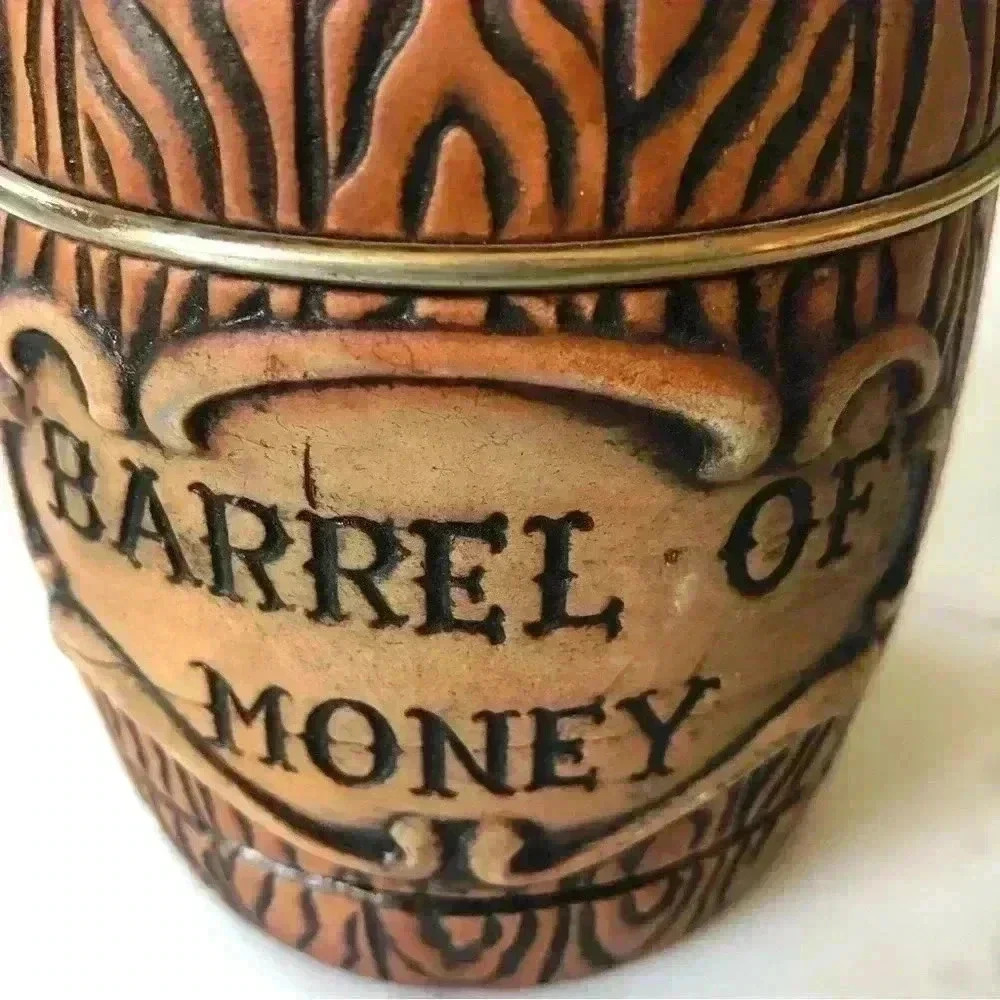 Vintage 70s rustic  barrel of money coin bank. Ceramic with metal band - Picture 6 of 7